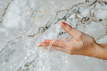 Fototapeta premium a woman's hand underwater in a bathroom with marble walls