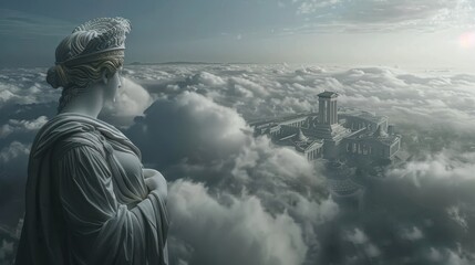Fototapeta premium A statue gazes thoughtfully at a mystical city enveloped in ethereal clouds during early morning light