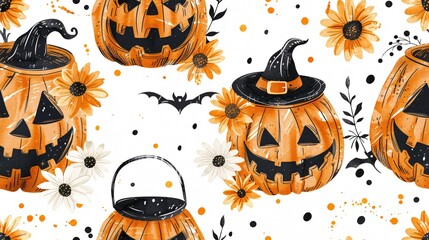 Charming Halloween-themed pumpkin buckets and daisy floral seamless pattern, ideal for whimsical seasonal print designs for textiles and wall coverings.