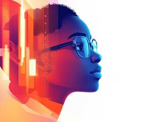 A young woman with glasses contemplating the digital future in vibrant colors