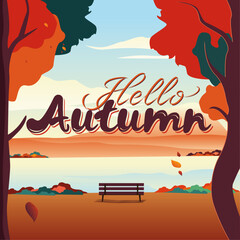 Hello Autumn typography poster with natural background.