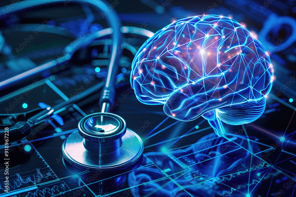 Aufkleber digital rendering of a brain with neural connections beside a stethoscope on a futuristic background