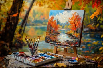Autumn Art and Crafts: An artists easel with a half-finished autumn painting, depicting a picturesque fall scene with colorful trees and falling leaves