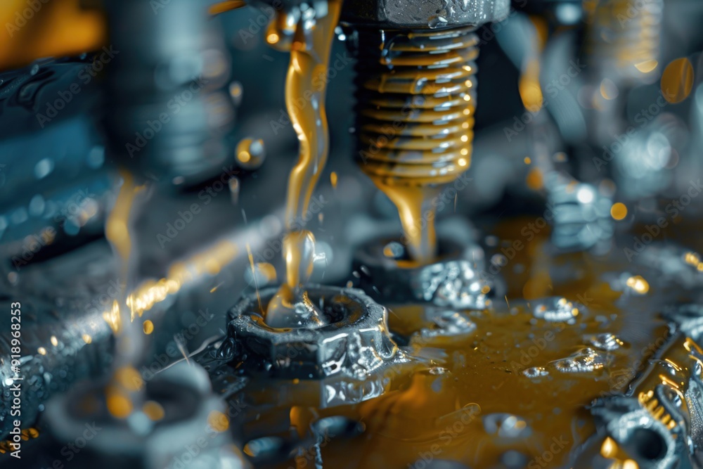 Poster a close-up view of a machine with liquid flowing out of it, great for industrial or mechanical conce