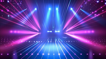 Naklejka premium Vibrant laser display featuring dazzling LED beams, DJ lighting, and a luminous blue stage with strobe lights, perfect for showcasing products.