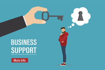 Business support or help to solve problem and overcoming obstacles. Key to unlock business idea concept. Businessman thinking about idea with keyhole.