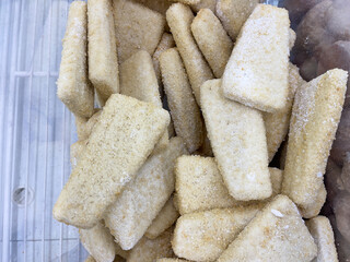 Frozen fish cutlets. Display case in the refrigerator.