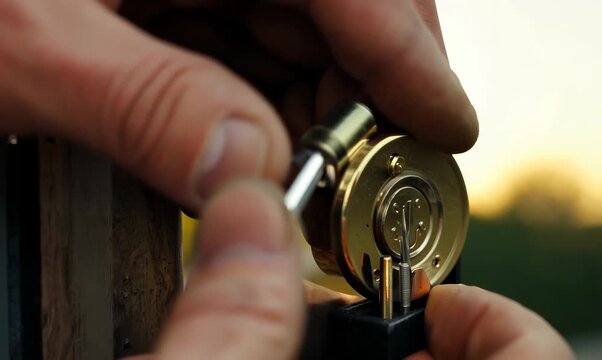 Close-up video of professional locksmith repairing a lock mechanism in workshop