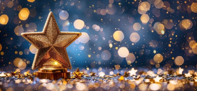 Golden star award trophy on blue background with bokeh lights. Concept of success, achievement, recognition, and celebration.