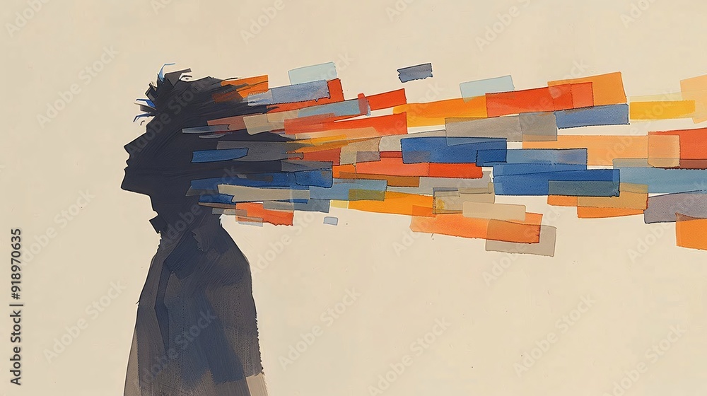 Poster an abstract art piece featuring the silhouette of a person with colorful rectangles emanating from t