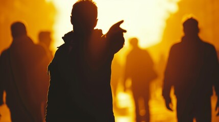 a person pointing finger st other peoples in silhouette , looking frustrated , cinematic ,very detailed, cinematic 