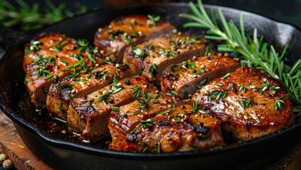 Rosemary and Pepper-Crusted Pork Tenderloin Slices in Cast Iron Skillet