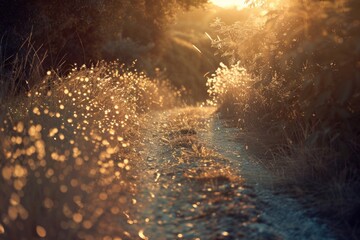 A sunny pathway surrounded by trees and foliage, ideal for outdoor activities or nature-inspired designs