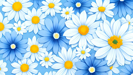 Seamless pattern with delicate chamomile flowers on blue and white background, Watercolor illustrations