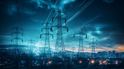 Futuristic cityscape with illuminated power transmission towers at night, electric grid infrastructure against dramatic blue sky and urban lights