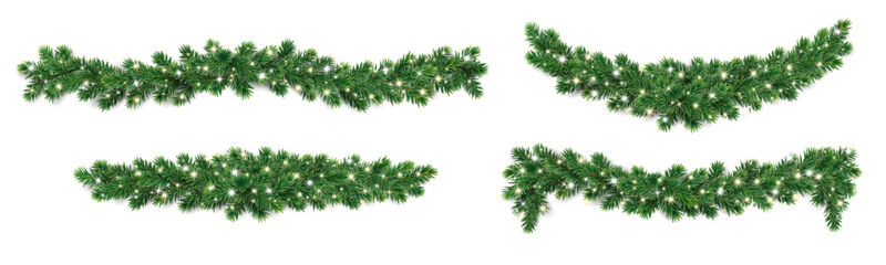 Christmas tree garlands on transparent background. Realistic pine-tree branches with glowing sparkling Christmas lights decoration. Vector border for holiday banners, party posters, cards, headers.