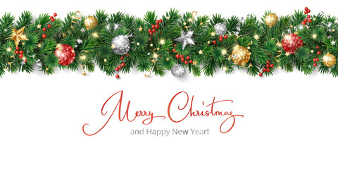 Christmas holiday background. Christmas tree garland with ornaments, stars. Gold and silver glitter decoration. Merry Christmas hand written text. For winter holiday headers, banners, party posters. © Olga Prozorova
