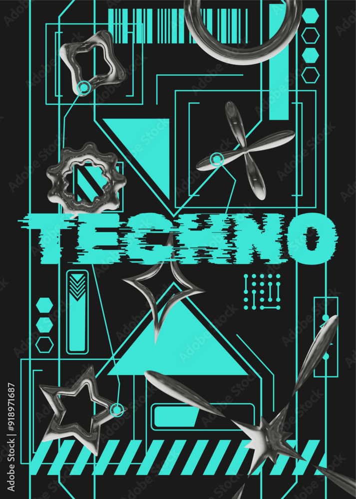 Poster cyberpunk style poster design template with 3d elements with chrome effect in y2k style. vector temp