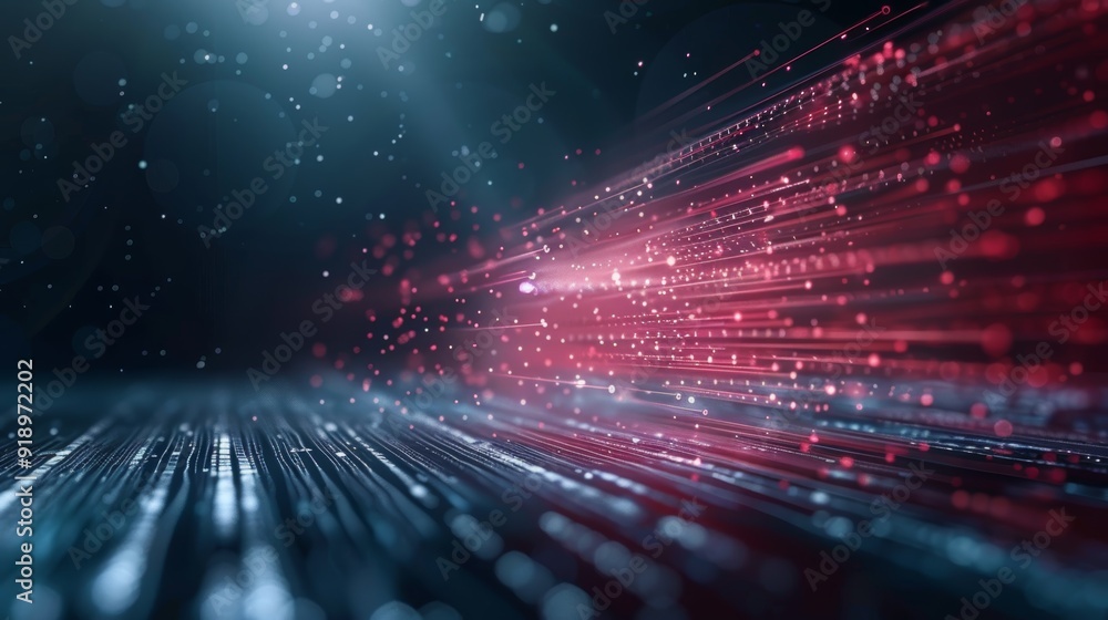 Poster abstract digital data stream with glowing red lines and blue particles.