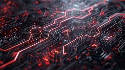 Fototapeta premium Abstract futuristic circuit board with glowing red lines. Perfect for technology, innovation, and futuristic themes.