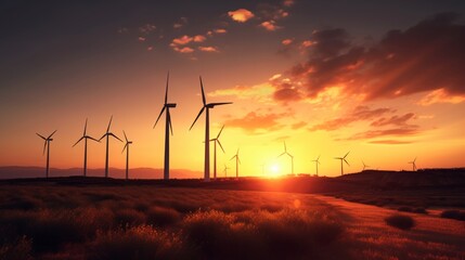 Obraz premium A field of wind turbines with the sun setting in the background