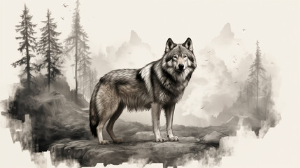 wolf in the forest with mountain drawing, Wolf pencil drawing vintage. 