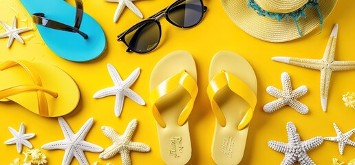 Summer vacation essentials, flip flops, sunglasses, starfish and hat on a bright yellow background. Perfect for travel, beach, and summer vacation.