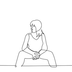 woman sits with her legs spread wide apart, elbows resting on laps and fingers intertwined - one line art vector. concept womanspreading, confident pose for women