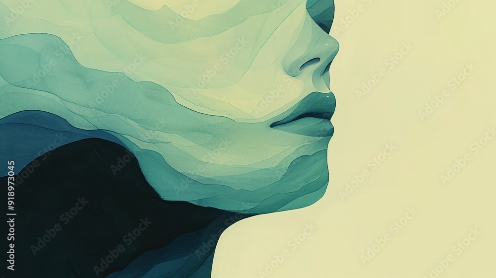 Poster this image features an abstract depiction of a face with layered green and blue shades, emanating ca