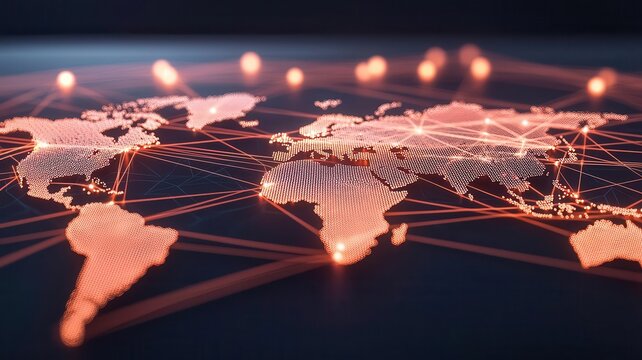 Futuristic global network concept with illuminated world map connecting points around the globe, illustrating international connections.