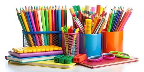 Fototapeta premium A collection of colorful pencils are on a table with a blue background