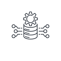 Database service. Transfer, exchange, accumulation and storage of information. Vector linear icon isolated on white background.