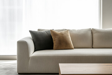 Elegant interior design composition in warm colors with luxury furniture and natural lighting creating shadows. Luxury apartment interiors with a minimalist twist.