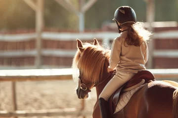 Fototapete Rund Young girl wearing helmet riding horse in outdoor arena with warm sunlight. Concepts of equestrian sports, youth activities, and healthy lifestyle. © Anna