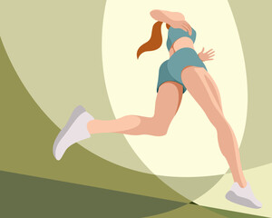 vector poster slim girl in sportswear (shorts and sports bra) runs. running view from below. angle from below. view from below. isolated on abstract background. woman runs. morning jog. jogging.