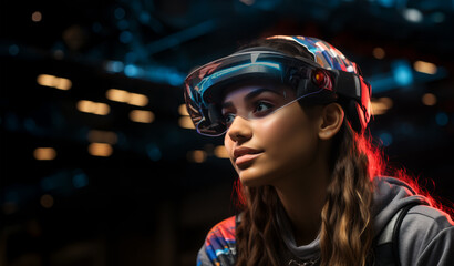 Young mixed skin Woman face very focused with Virtual Reality futuristic glass helmet and long brown hair with sport clothes on a dark background