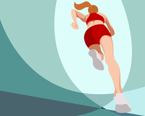 vector poster slim girl in sportswear (shorts and sports bra) runs. running view from below. angle from below. view from below. isolated on abstract background. woman runs. morning jog. jogging.