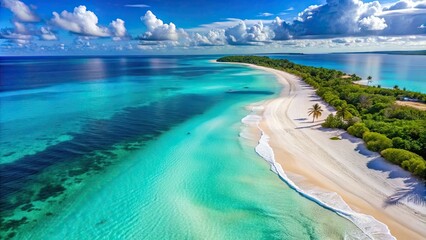 Aerial view of serene Caribbean beach with crystal clear turquoise waters and white sandy shoreline, Punta Cana