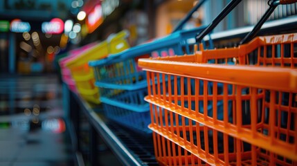 A row of shopping baskets sitting on top of a conveyor belt, ready for processing