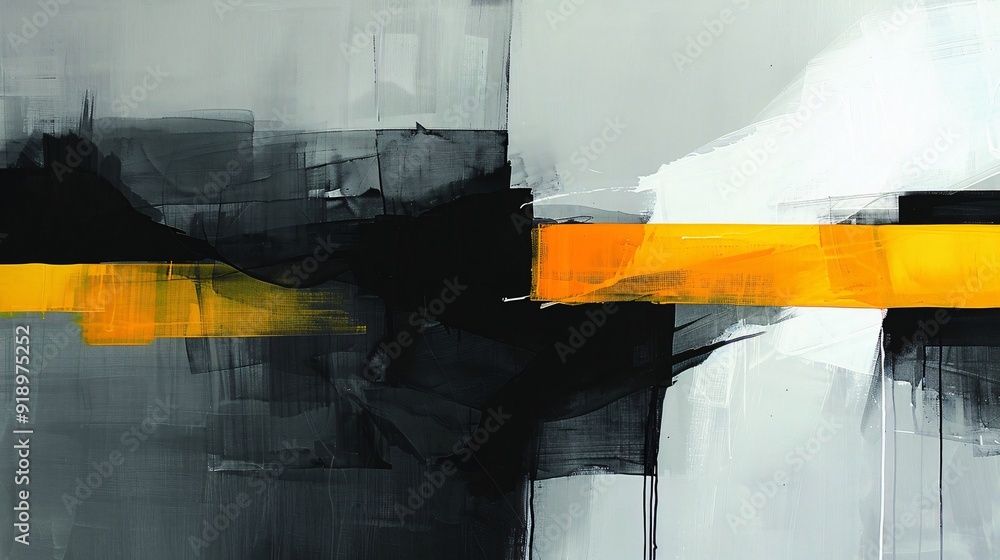Poster an abstract geometric artwork featuring a bold yellow line intersecting with contrasting black and w