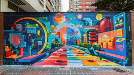 Fototapeta premium Capture a vivid street art mural depicting financial trends in a utopian setting from an eye-level angle, blending realism and creativity effortlessly