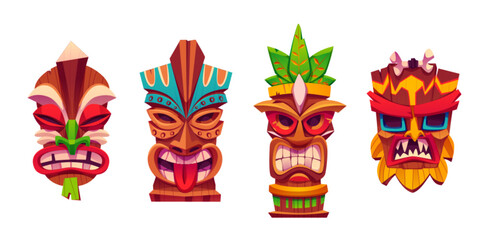 Traditional Hawaiian totem tiki mask collection. Cartoon vector illustration set of wooden tribal culture statue head with tropical leaves decorations. Face emotions with eyes, teeth and tongue.