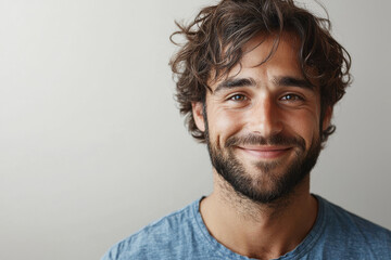 Fototapeta premium Smiling friendly cartoon character adult man male person portrait wearing blue shirt in 3d style design on light background. Human people feelings expression concept