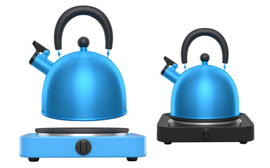 Obraz premium Portable camping electric stove and kettle with whistle on white background.