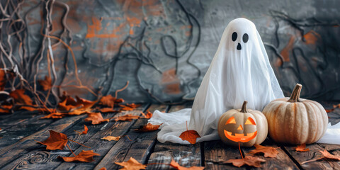 Spooky Halloween scene featuring a ghost costume and carved pumpkins surrounded by autumn leaves.