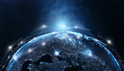 Obraz premium Planet with glowing neural connections in dark space. digital illustration depicting global network connection. Generated image