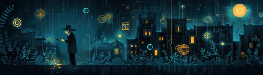 Illustrate a scene where a detective uncovers clues in a mysterious setting, using dark hues, dramatic lighting, and hidden symbols to convey suspense and intrigue