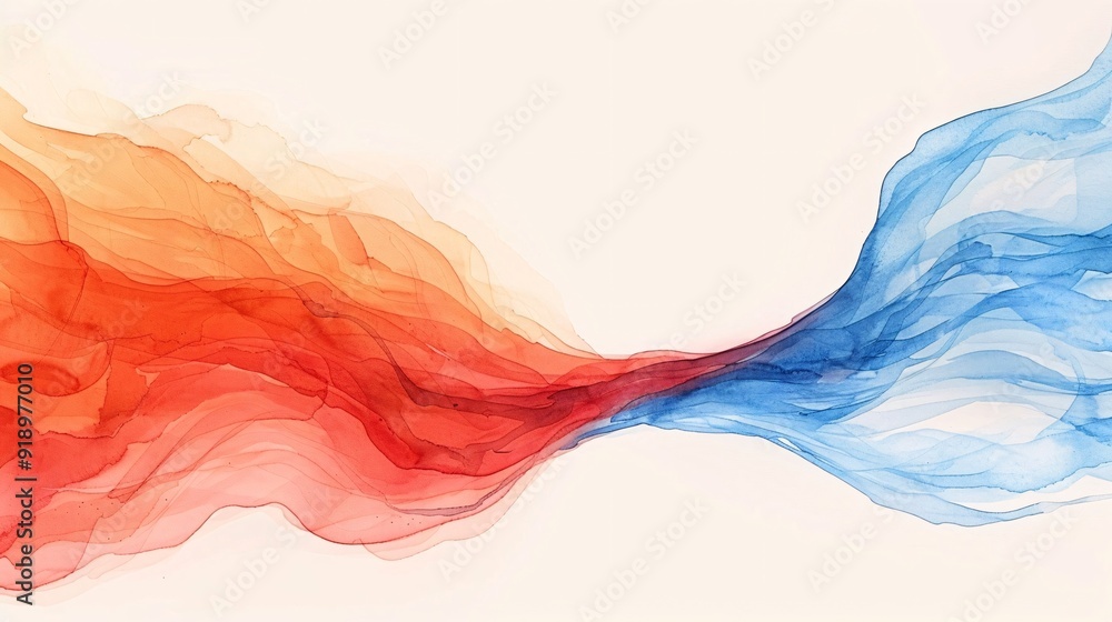Poster an abstract watercolor piece featuring flowing red and blue elements that merge and intertwine, crea