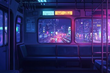 Obraz premium A comfortable train with a window seat view of the city lights The scene is peaceful and cozy vibe, Generative AI