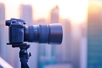 A side profile of a camera with a large lens attached, set against a blurred urban background. The colors are modern and sharp, with a clear area in the background for text or product placement